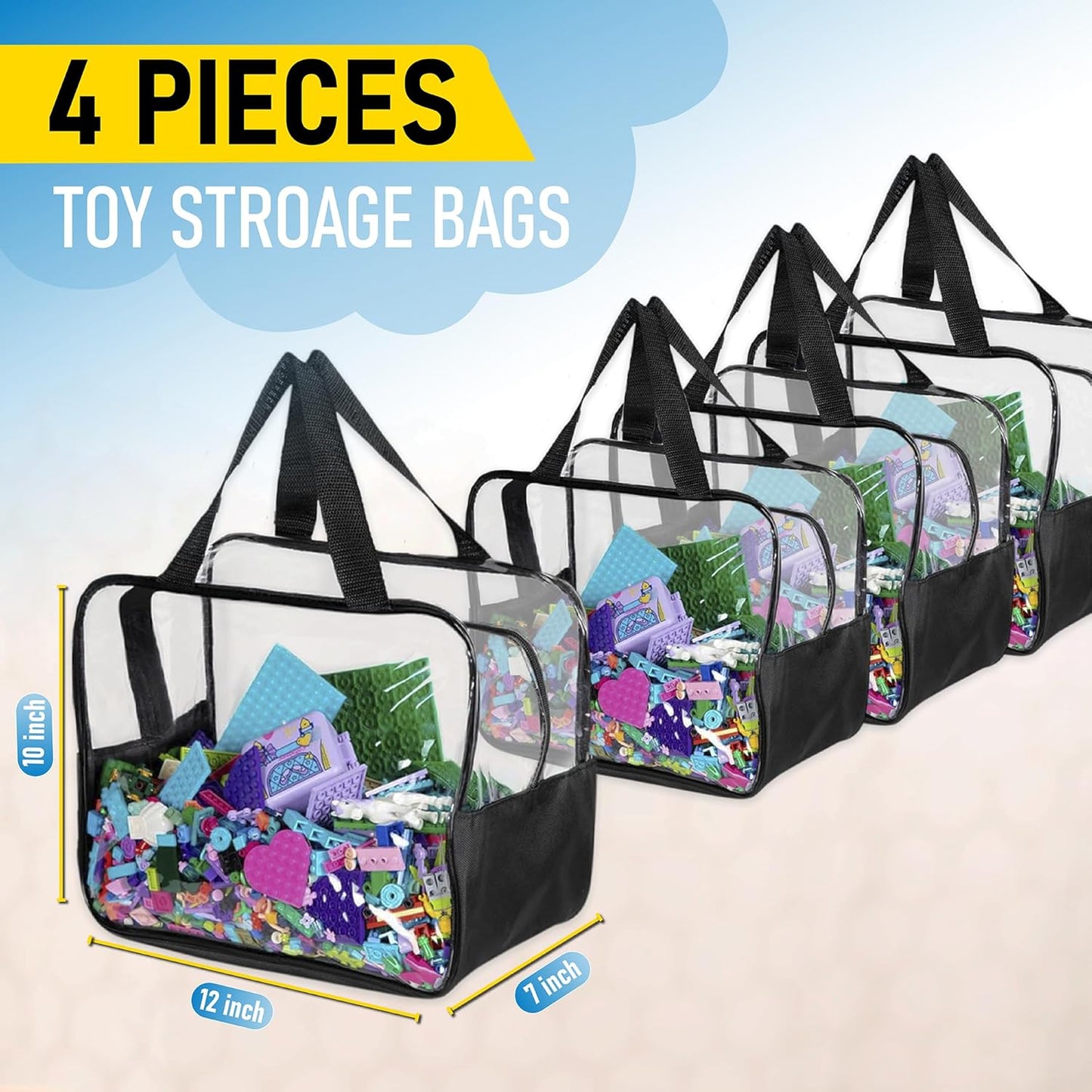 4pcs Large Toy Storage Clear Bags with Heavy Duty Zipper ππ"Γππ"Γπ" Plastic Bag with Handle, Toy Organizer for Kids Playroom, Puzzle, Blocks, Crafts, Stuffed Animal Storage (Black)
