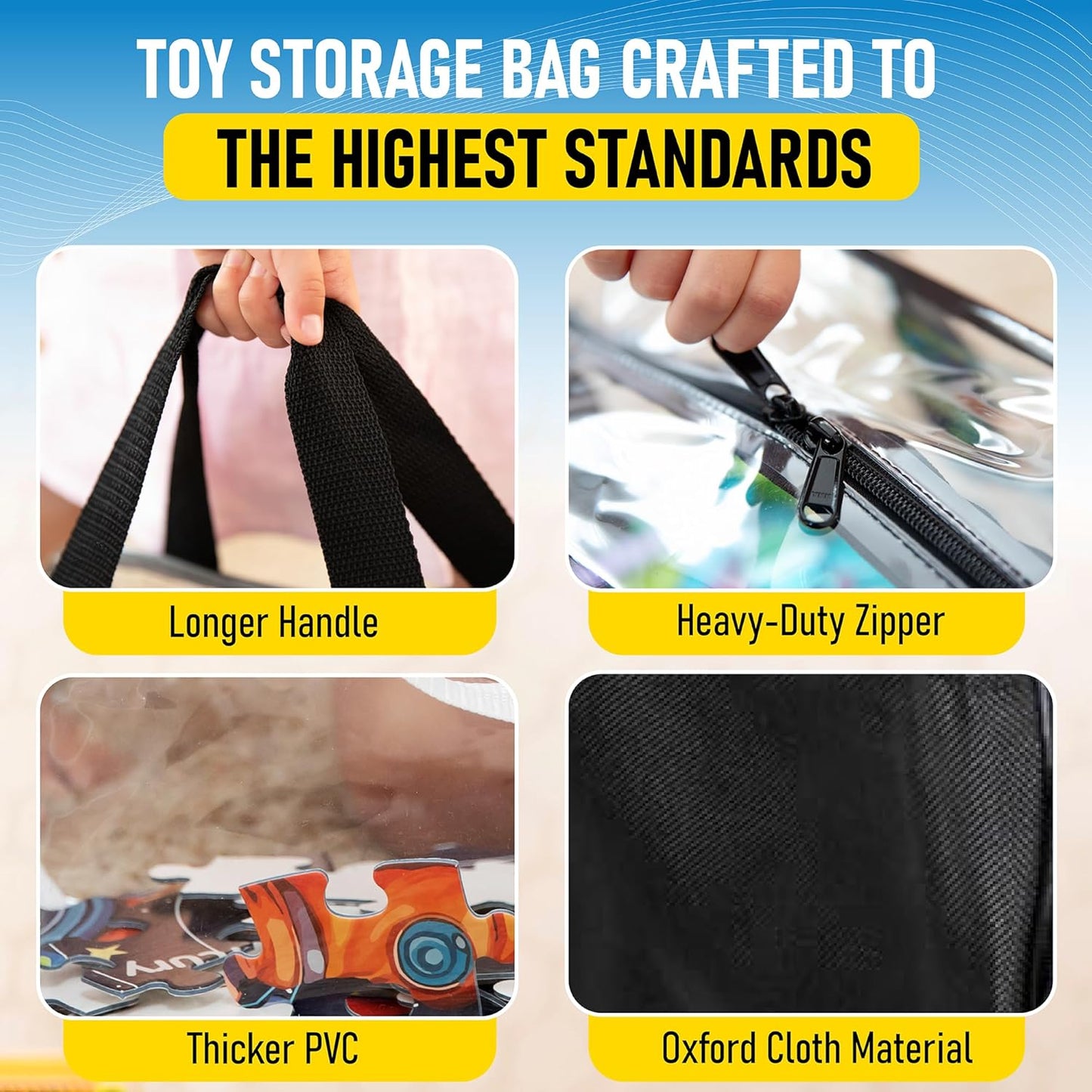 4pcs Large Toy Storage Clear Bags with Heavy Duty Zipper ππ"Γππ"Γπ" Plastic Bag with Handle, Toy Organizer for Kids Playroom, Puzzle, Blocks, Crafts, Stuffed Animal Storage (Black)