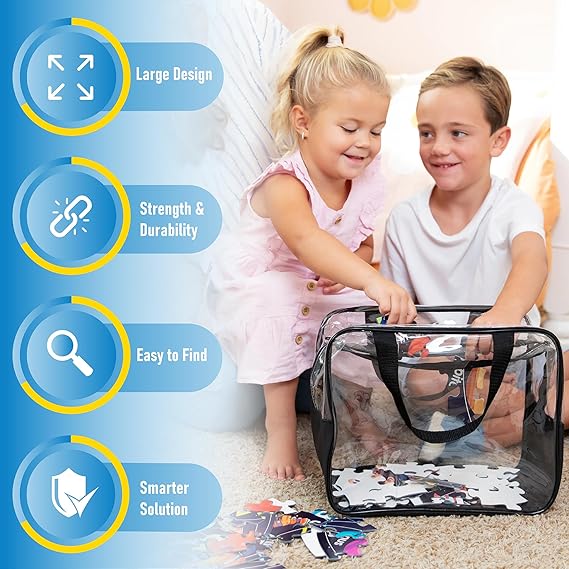 4pcs Large Toy Storage Clear Bags with Heavy Duty Zipper ππ"Γππ"Γπ" Plastic Bag with Handle, Toy Organizer for Kids Playroom, Puzzle, Blocks, Crafts, Stuffed Animal Storage (Black)