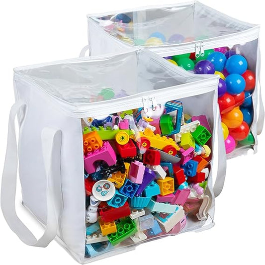2pcs Extra Large Toy Storage Clear Bags with Zipper 𝟏𝟒"×𝟏𝟒"×𝟏𝟒" Clear Plastic Bins with Handle, Toy Organizer for Kids playroom, Blocks, Clothes, Stuffed Animal Storage
